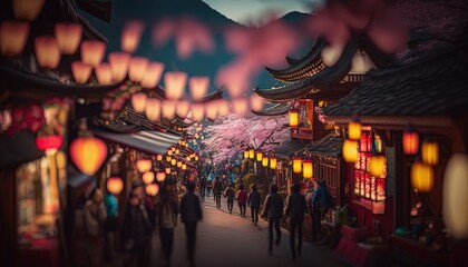 cityscape with lantern light and cherry blossom idea for spring festival background wallpaper, Generative Ai