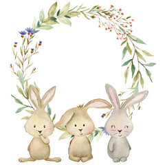 Watercolor woodland wreath with bunnies. Baby shower card.