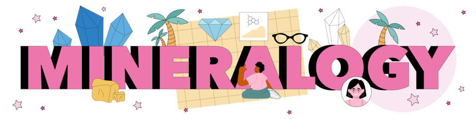 Mineralogy typographic header. Scientist studying natural stone