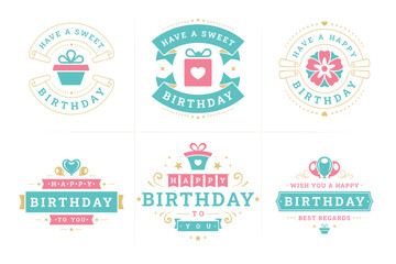 Happy birthday vintage festive label and badge set greeting card holiday design vector flat