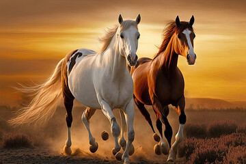 two horses white and brown running in a field at sunset, generative AI