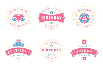 Happy birthday celebration best wishes vintage label badge set for greeting card design vector flat