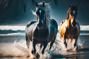 Majestic Arabian Horses Running in Waves on Beach AI Generated