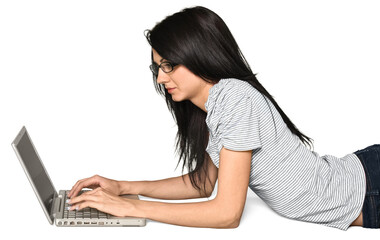 Naklejka premium Young Woman Lying Down with Laptop - Isolated