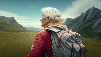 senior woman at highland walking on mountain trail, Silver Gen lifestyle, elderly outdoor activity, Generative Ai not real person