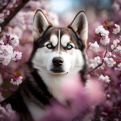 Husky dog on the background of cherry blossoms. Generative ai. Illustration