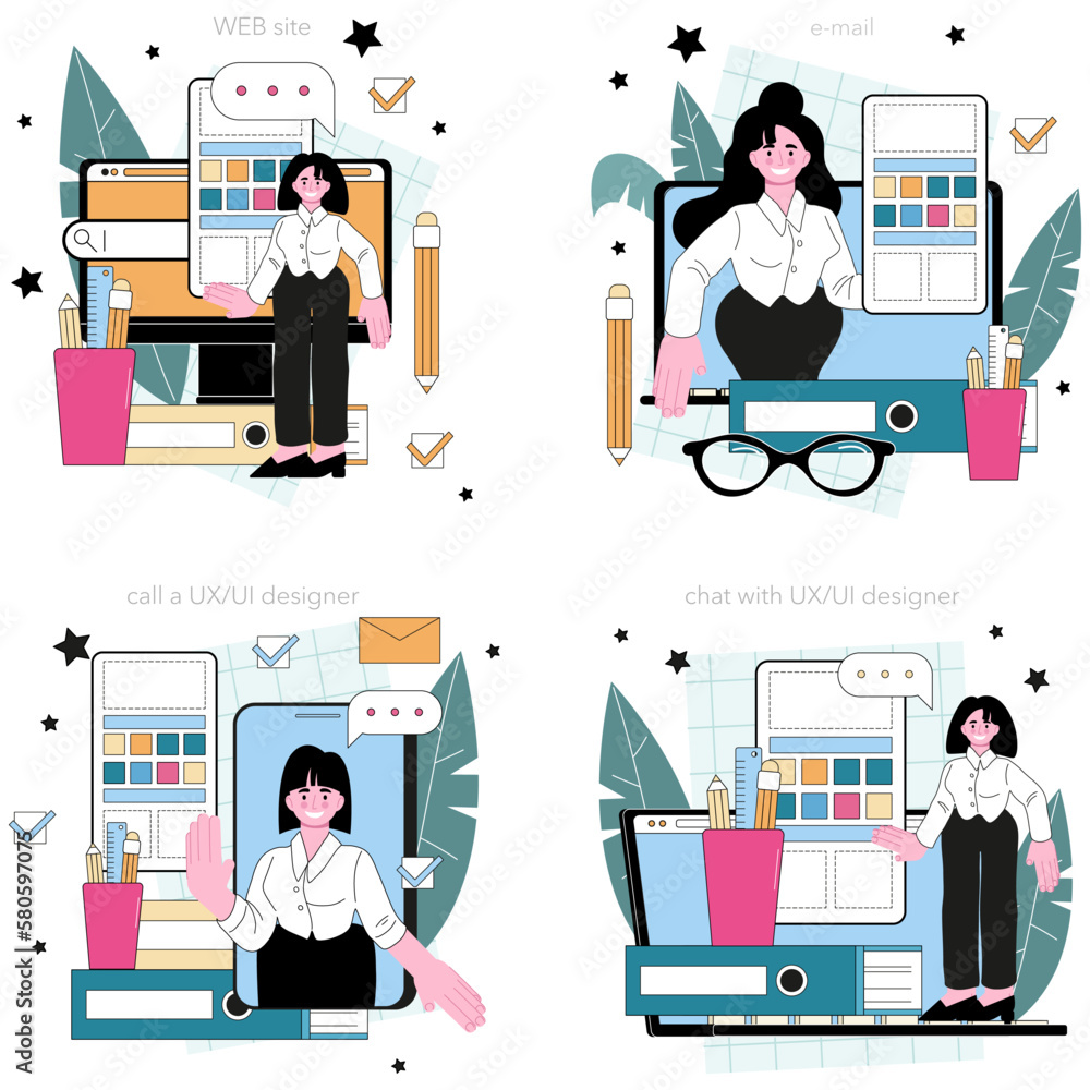 Poster ux and ui designer online service or platform set. app or website