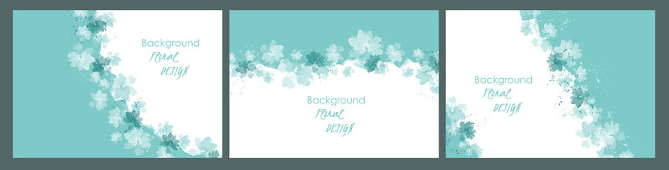 A set of turquoise botanical backgrounds with flowers, leaves for text. Floral abstract summer, spring background for wallpaper, design. Watercolor flowers, background, texture.
