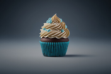 a chocolate cupcake with whipped cream and blue sprinkles isolated on dark background. Created with Generative AI Technology - obrazy, fototapety, plakaty