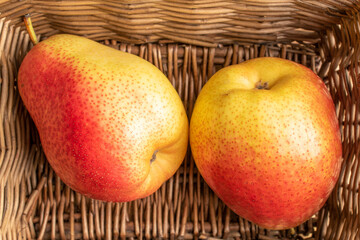 Two organic pears, close-up, in a wicker basket, top view.