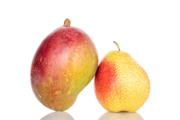 One juicy pear with mango, close-up, on a white background.