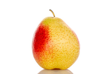 One yellow-red pear, close-up, on a white background.