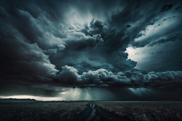 A thunderstorm approaching, with dark and foreboding clouds resembling curtains that obscure the sky. Generative AI