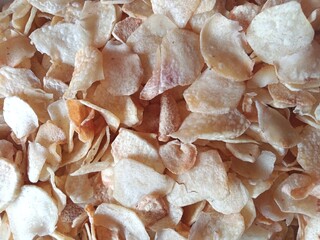 close up of taro chips that have been fried but not yet seasoned