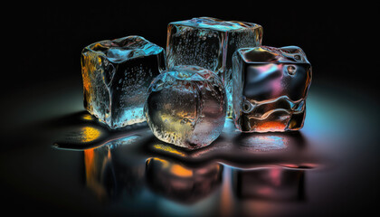wet ice cubes on solid black background created with generative AI technology