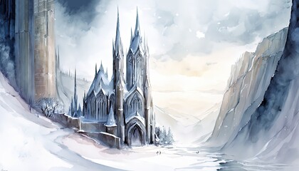 paint like illustration of fantasy castle in winter season idea for home wall decor picture, Generative Ai
