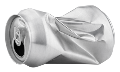 Crumpled empty blank soda or beer can garbage isolated on transparent background