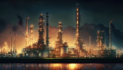 factory with many chimney or oil gas plant petroleum industry, Generative Ai