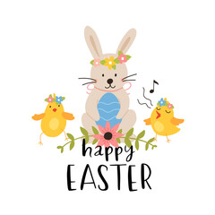 Obraz na płótnie Canvas Vector color hand-drawn children cute easter poster with bunny, wreath of flowers in scandinavian style on a white background. Easter set. Spring. Happy easter.