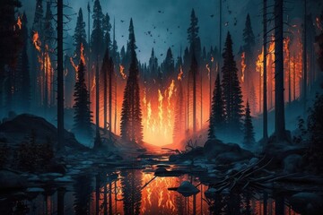 Wildfire - Burning Trees in the Forest - Nighttime