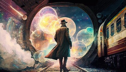 a mysterious man walking on train railway, idea for time travel theme sci-fi fiction, Generative Ai