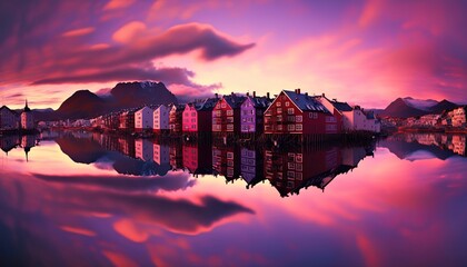 romantic pink sky at evening over small local village in Norway at river side, Generative Ai