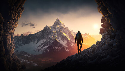 Man standing in front of cave with mountains in the background. Generative AI.