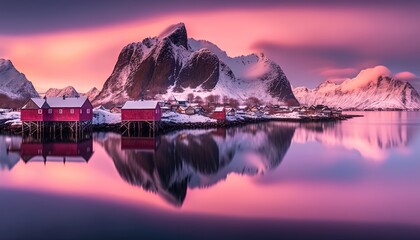 romantic pink sky at evening over small local village in Norway at river side, Generative Ai