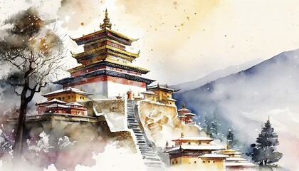 paint like illustration of ancient Asian city in dreamy mist, idea for home wall decor picture illustration, Generative Ai