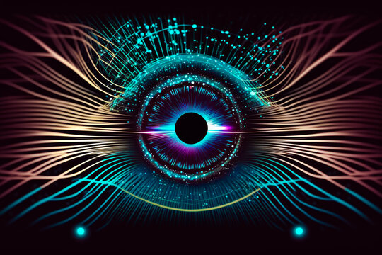 An eye with glowing lines on black background. Generative AI.