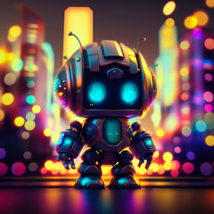 An image of robot standing in front of city lights. Generative AI.