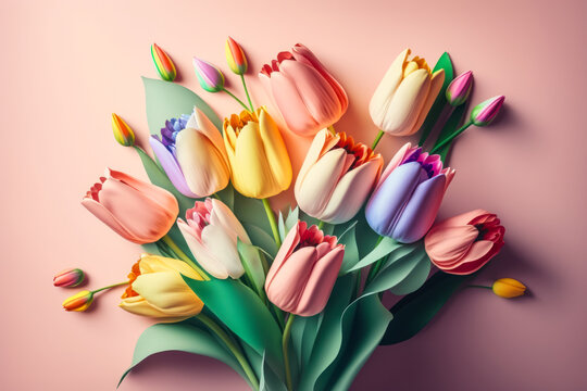 Bouquet of colorful tulips on pink background. Generative AI.