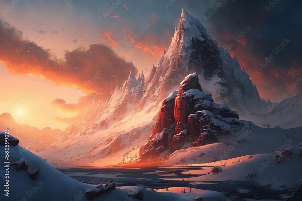 Poster landscape of the top of a high mountain at sunset in the rays of the evening sun and peaks with snow