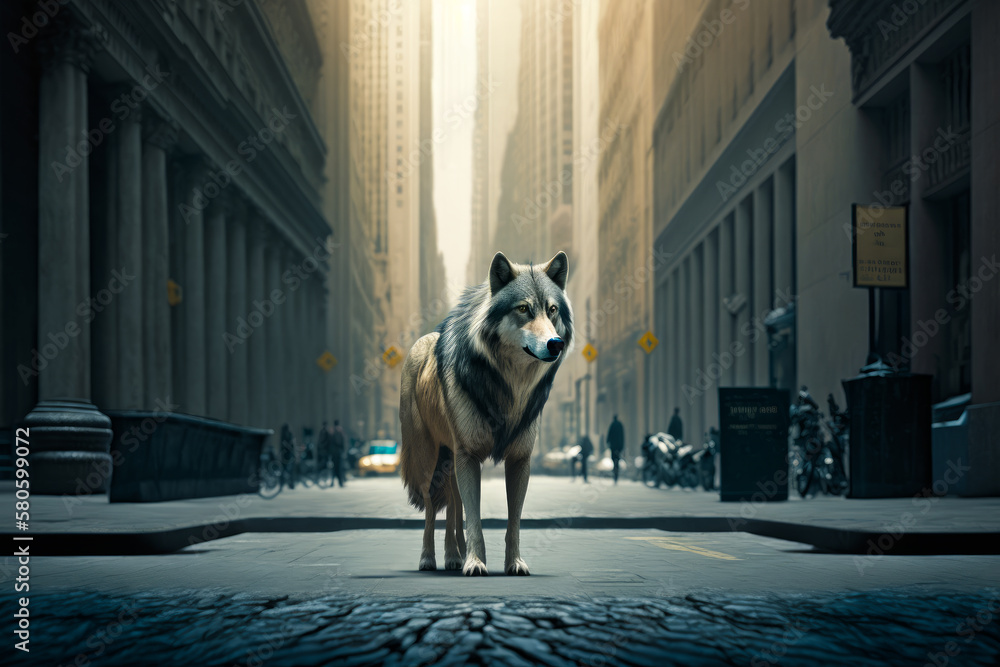 Wall mural Wolf standing in the middle of city street. Generative AI.