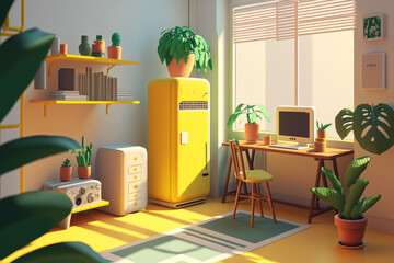 An image of room with plants and refrigerator. Generative AI.