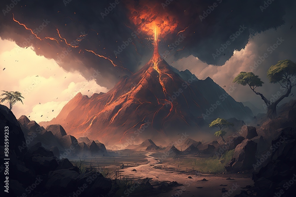 Poster jurassic landscape with an erupting volcano.generative ai