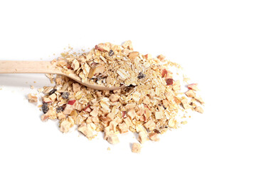 Raw oatmeal with dry fruits in a wooden spoon on a white background, the concept of healthy eating, weight loss, vegan