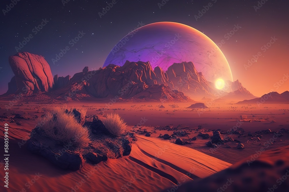 Poster a cosmic landscape, a view of the planets from a close distance, life on an unknown planet.generativ