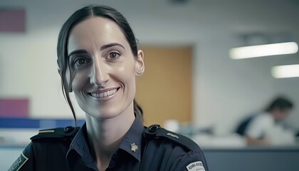 friendly and confident policewoman at police station  with copy space, Generative Ai not real person - obrazy, fototapety, plakaty
