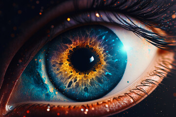 Close up of an eye with blue and orange colors. Generative AI.