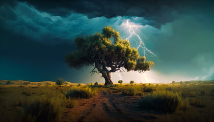 Fototapeta na wymiar An image of tree in the middle of field with lightning. Generative AI.