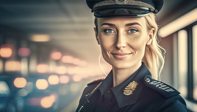 friendly and confident policewoman at police station  with copy space, Generative Ai not real person