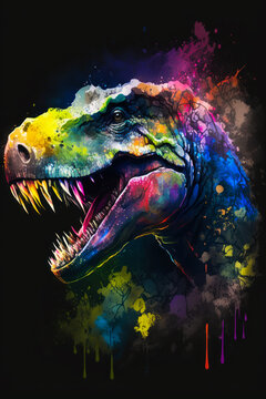 Image of t-rex with paint splatters. Generative AI.