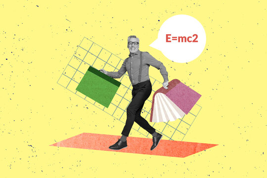 Collage portrait of mini positive black white effect man teacher hands hold big math book isolated on drawing yellow background