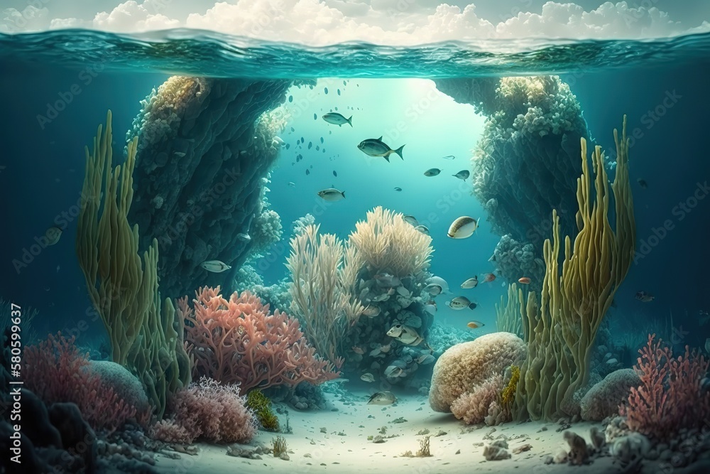 Poster a fantastic picture of an underwater ocean or sea and a cloudy sky with a sandy bottom.generative ai