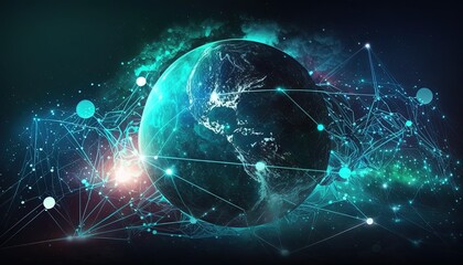 Fototapeta premium earth planet with glow light trail line and spot around the world, idea for futuristic technology communication and real time data transmitting, Generative Ai
