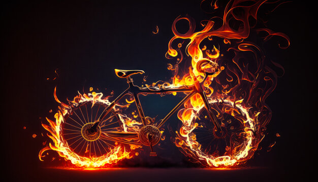 Bicycle is on fire with flames coming out of it. Generative AI.