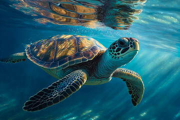Green sea turtle swimming in the ocean. Generative AI.