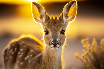 Fawn is looking at the camera at sunset. Generative AI.
