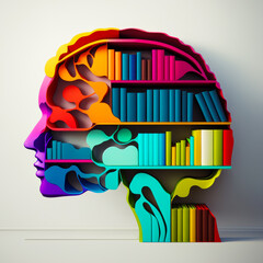 image of human head with books in the shape of brain. Generative AI.